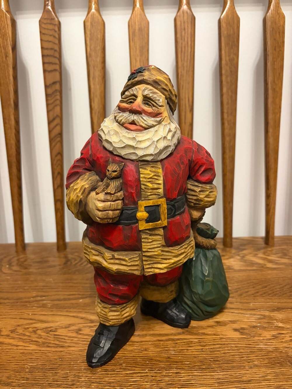 Craig Kirkwood Carved Santa Figurine with Cat and Green Sack 10.5 In